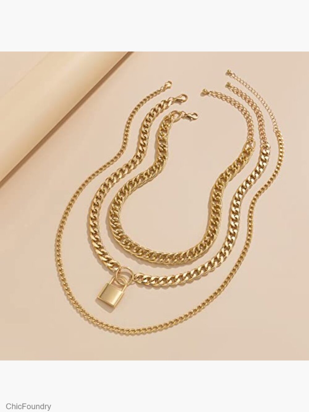 Layered Cuban Chain Choker Necklace Set with Lock Pendant - Picture 5 of 7